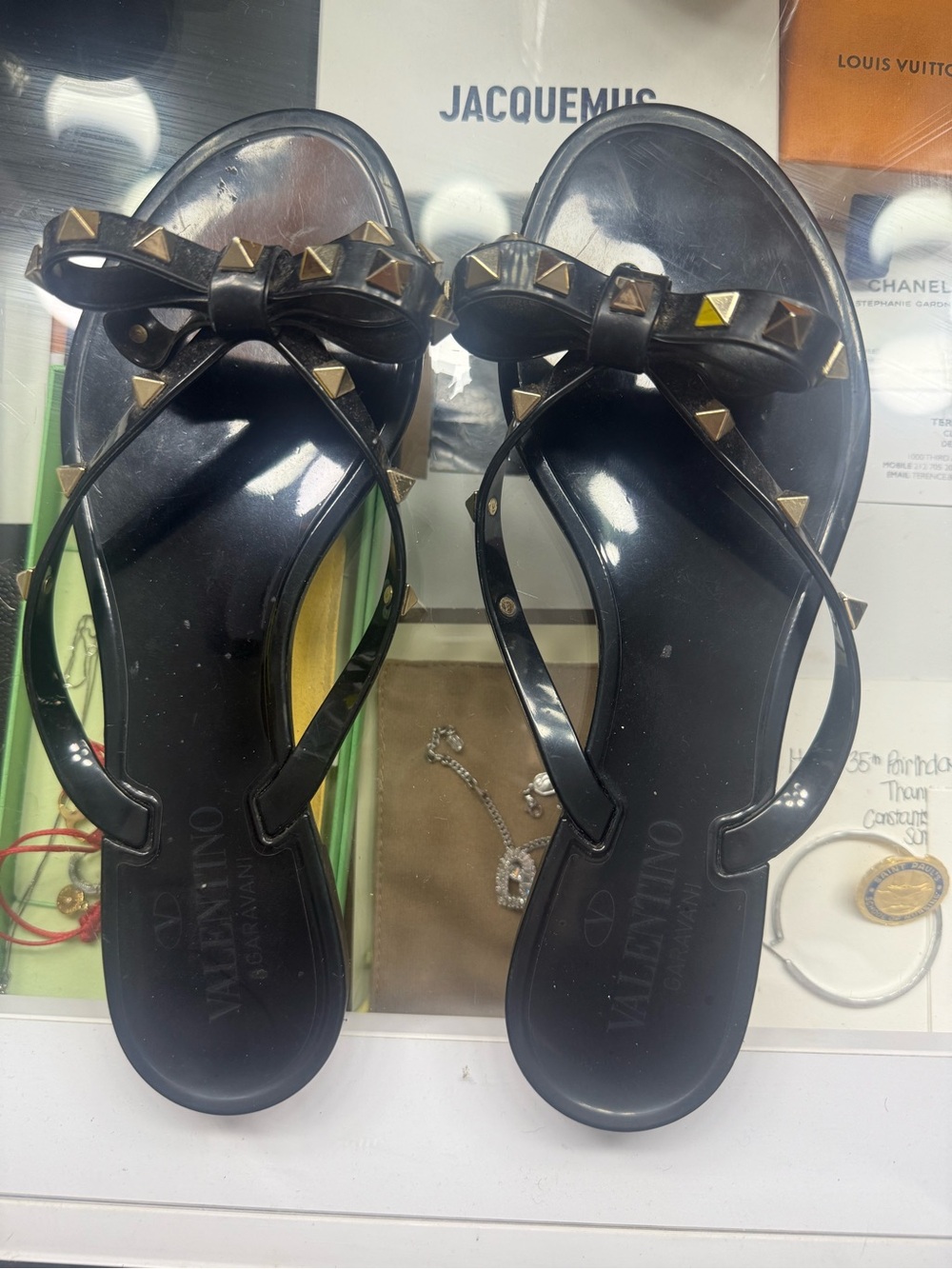 Valentino Black Jelly Bow Sandals with Gold Rockstuds
